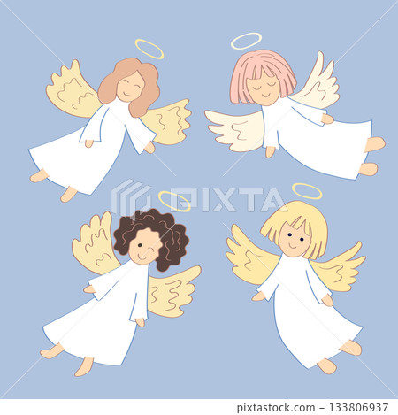 Cartoon angel set. Vector illustration of flying baby angel for Christmas holyday decoration Cartoon angel set. Vector illustration of flying baby angel for Christmas holyday decoration 133806937