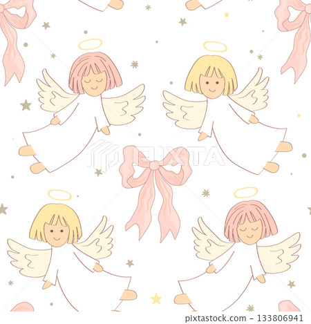 Cute bows and flying angel cartoon seamless pattern. Christmas background, vector illustration. Cute bows and flying angel cartoon seamless pattern. Christmas background, vector illustration. 133806941