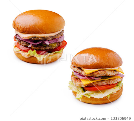 Two delicious burgers on simple white background ready to enjoy 133806949