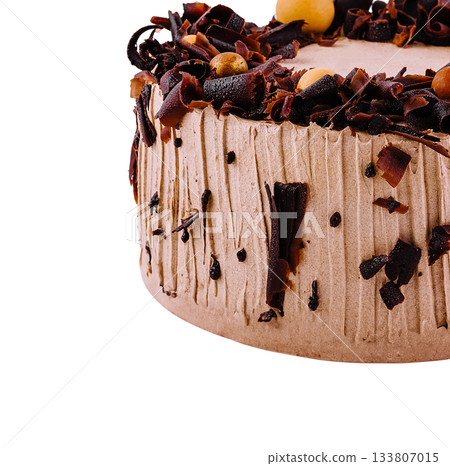 Delicious round cake topped with dark chocolate and nuts on white background 133807015