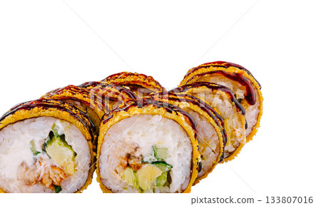 Delicious sushi rolls with crispy coating and savory sauce on display 133807016