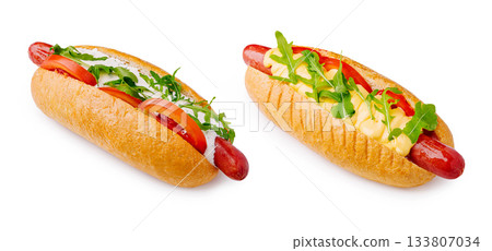 Delicious hot dogs with fresh toppings ready for summer grilling Delicious hot dogs with fresh toppings ready for summer grilling 133807034