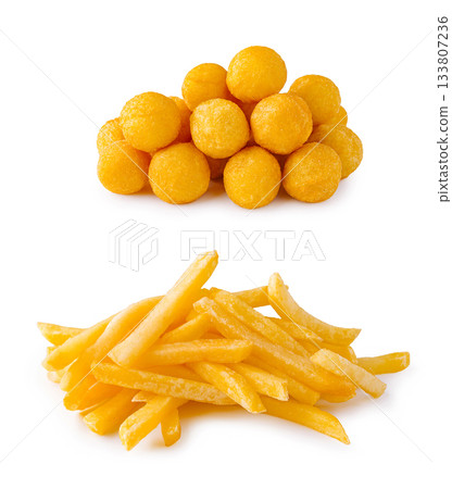 French fries and cheese balls on a white background French fries and cheese balls on a white background 133807236