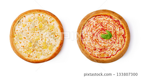 Delicious pizzas featuring unique toppings on a white background Delicious pizzas featuring unique toppings on a white background 133807300
