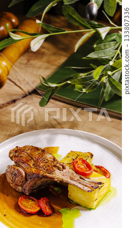 Delicious grilled lamb chop with fresh cherry tomatoes and creamy polenta Delicious grilled lamb chop with fresh cherry tomatoes and creamy polenta 133807336