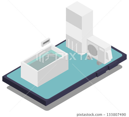 Image of a bath and water heater inside an isometric smartphone 133807490