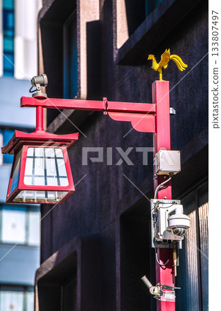 Tokyo cityscape in Japan: Asakusa bustling with foreign tourists. Security cameras at Kaminarimon Ichinomiya Shopping Street near Sensoji Temple. 133807497