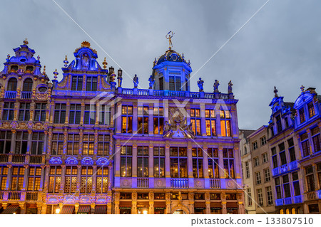 Grand Place Brussels Guildhalls Illuminated in Blue Light Grand Place Brussels Guildhalls Illuminated in Blue Light 133807510