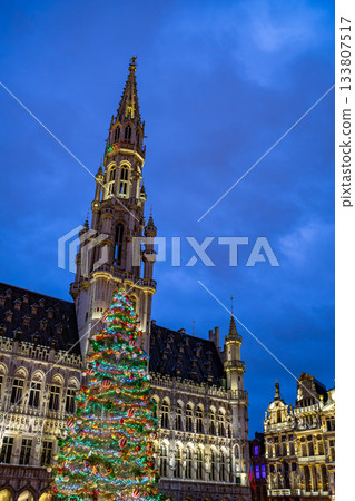 Grand Place Brussels Town Hall Tower and Christmas Tree at Night 133807517