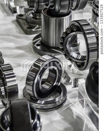 Close-up view of precision metal ball bearings displayed on a clear surface in an industrial setting Close-up view of precision metal ball bearings displayed on a clear surface in an industrial setting 133807526