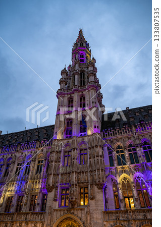 Brussels Town Hall Tower Illuminated at Dusk - Grand Place 133807535