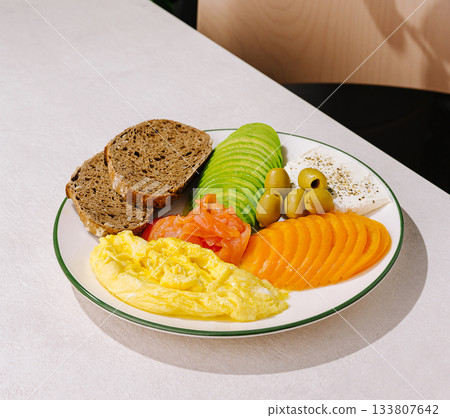 Fresh breakfast platter with eggs, avocado, and smoked salmon in a cafe Fresh breakfast platter with eggs, avocado, and smoked salmon in a cafe 133807642