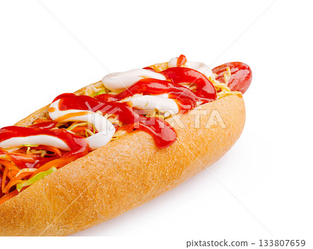 Hot dog with fresh toppings and sauces ready to enjoy Hot dog with fresh toppings and sauces ready to enjoy 133807659