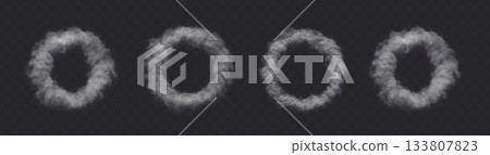 White Ring Smoke Cloud set on dark transparent background. Fog circle frame White Ring Smoke Cloud set on dark transparent background. Fog circle frame 133807823