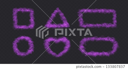 Smoke cloud purple pink frame square, circle, heart, rectangle, triangle and oval on black transparent background. 133807837