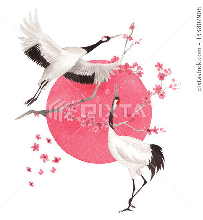 Sakura and japanese cranes with the sun on a background. Watercolor handmade illustration. For fabric, wallpaper, greeting cards, design, decoration and illustration. Sakura and japanese cranes with the sun on a background. Watercolor handmade illustration. For fabric, wallpaper, greeting cards, design, decoration and illustration. 133807908