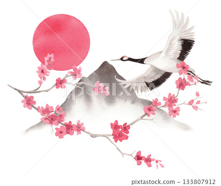 Sakura with the flying japanese red crown crane and landscape on a background. Watercolor handmade illustration. For fabric, wallpaper, greeting cards, design, decoration and illustration. Sakura with the flying japanese red crown crane and landscape on a background. Watercolor handmade illustration. For fabric, wallpaper, greeting cards, design, decoration and illustration. 133807912