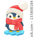 Penguin wearing a hat and scarf stands on an ice floe against a white background. Christmas character 133808184