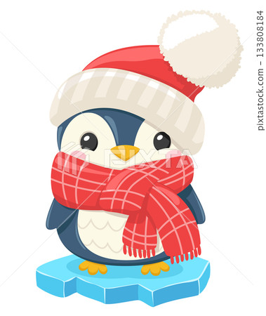 Penguin wearing a hat and scarf stands on an ice floe against a white background. Christmas character 133808184