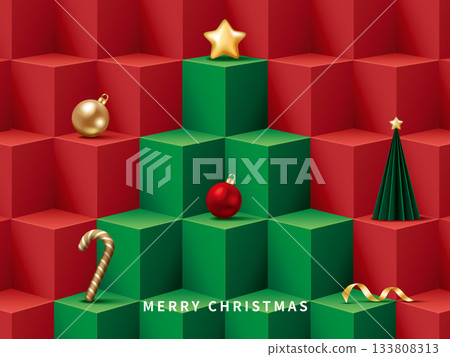 3D stacked Christmas tree display stand, Christmas ornaments, candy canes, Christmas banners, advertising posters, and flyers - image materials. 3D stacked Christmas tree display stand, Christmas ornaments, candy canes, Christmas banners, advertising posters, and flyers - image materials. 133808313