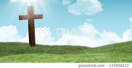 Wooden cross is standing on grassy hill under blue sky in flat design, showing sunlight rays Wooden cross is standing on grassy hill under blue sky in flat design, showing sunlight rays 133808422