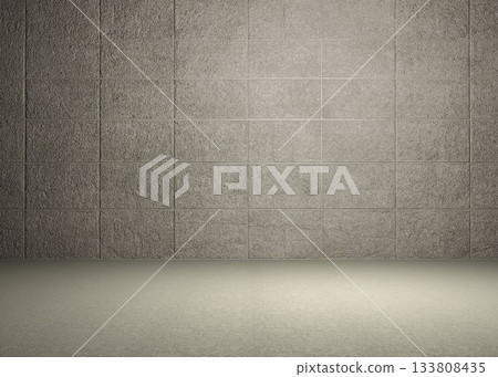 Minimalist 3D render space is featuring textured gray tiled wall meeting smooth floor by soft light Minimalist 3D render space is featuring textured gray tiled wall meeting smooth floor by soft light 133808435