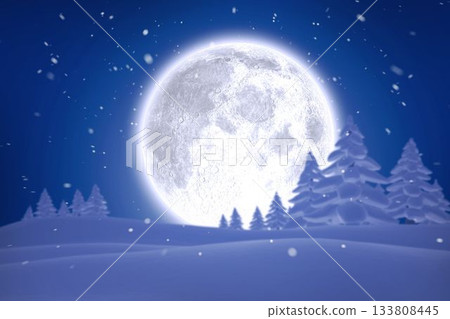 Glowing full moon is rising over snowy pine slopes while snowflakes are falling in flat design 133808445