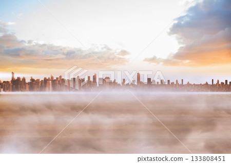 flat design high-rise city skyline is floating over misty water, under warm cloudy sky flat design high-rise city skyline is floating over misty water, under warm cloudy sky 133808451