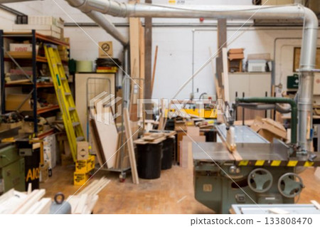 Flat vector illustration showing woodshop with industrial table saw, wooden planks and sawdust 133808470