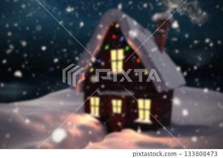 snowy cabin is sitting at night in flat style with glowing windows, snowfall, multicolored lights snowy cabin is sitting at night in flat style with glowing windows, snowfall, multicolored lights 133808473