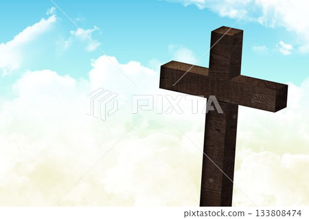 Weathered wood cross is standing against bright cloudy sky with visible wood grain, flat design Weathered wood cross is standing against bright cloudy sky with visible wood grain, flat design 133808474
