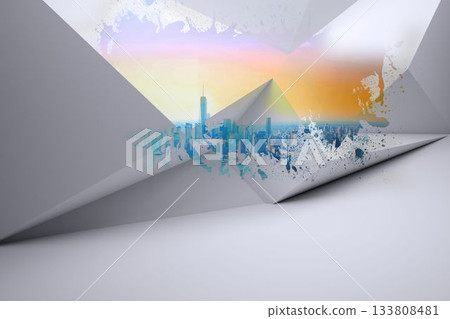 Abstract collage showing paper folds peeling, revealing city skyline at dusk with paint splatters Abstract collage showing paper folds peeling, revealing city skyline at dusk with paint splatters 133808481