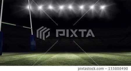 White goalpost with dark blue padding is standing in flat design stadium field lit by floodlights White goalpost with dark blue padding is standing in flat design stadium field lit by floodlights 133808490
