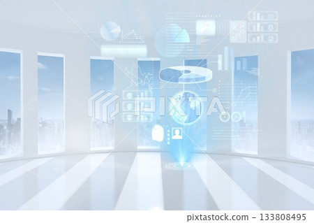 Floating holographic interface is glowing in 3D render futuristic demo hall with city skyline view 133808495