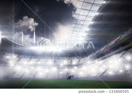 Flat design stadium interior is showing steel supports holding floodlights over green pitch Flat design stadium interior is showing steel supports holding floodlights over green pitch 133808505