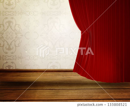 Flat design is featuring red stage curtain drawn aside, revealing floorboards and damask wallpaper 133808521