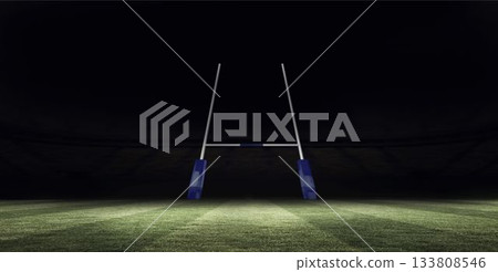 Rugby goalpost is standing on striped grass under floodlights with dark stands in flat design 133808546