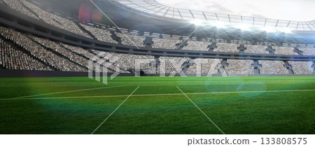 Vector illustration showing green grass field, seating with spectators, steel roof and floodlights 133808575