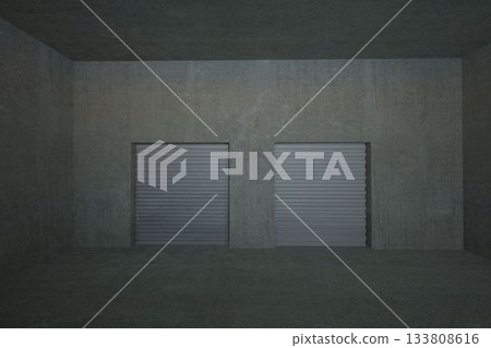 Two metal roller shutter doors are standing in flat design garage with concrete column, copy space 133808616