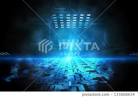 Technological black background with blue light Technological black background with blue light 133808634