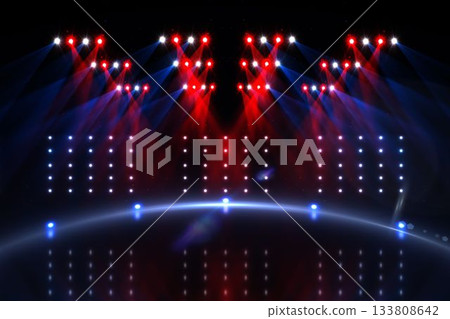 Empty illuminated stage is showcasing red and blue spotlights with LED grid lighting in flat design Empty illuminated stage is showcasing red and blue spotlights with LED grid lighting in flat design 133808642