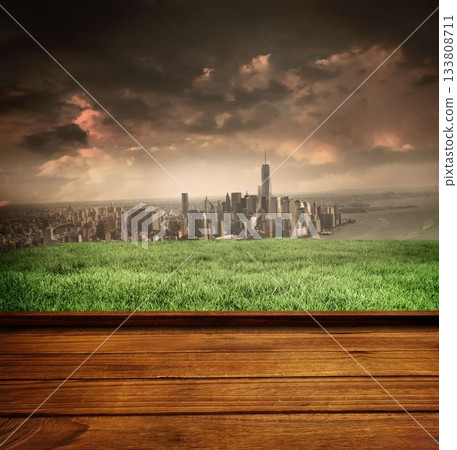 Wooden planks against city 133808711