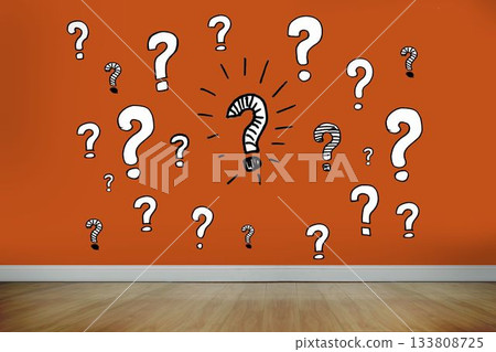 Question marks on orange wall Question marks on orange wall 133808725