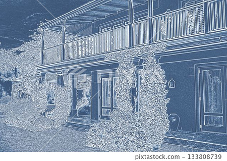 Pretty house with balcony, with a blue and white filter 133808739