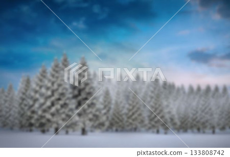 Snow-laden evergreen trees are being shown in flat design winter landscape, with color-gradient sky 133808742