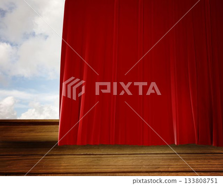 Flat design is depicting red stage curtain hanging on wooden deck revealing cloudy sky, copy space Flat design is depicting red stage curtain hanging on wooden deck revealing cloudy sky, copy space 133808751