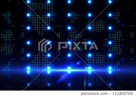 Abstract glowing blue LED grid is showing 3D render with light flare on reflective floor 133808760