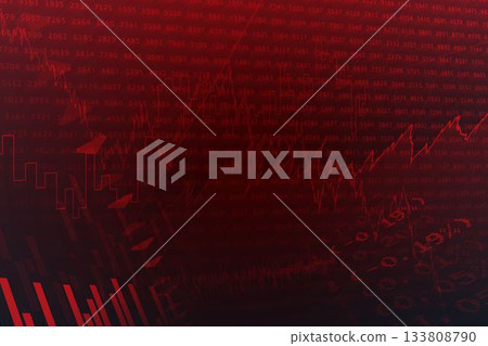 Trading display is showing dark red gradient with data overlay, candlesticks, charts and arrows Trading display is showing dark red gradient with data overlay, candlesticks, charts and arrows 133808790