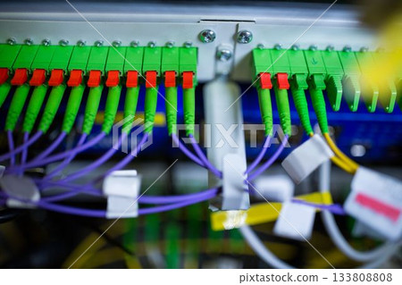 flat design is showing fiber optic patch panel on rack with green SC or APC connectors, purple cable 133808808