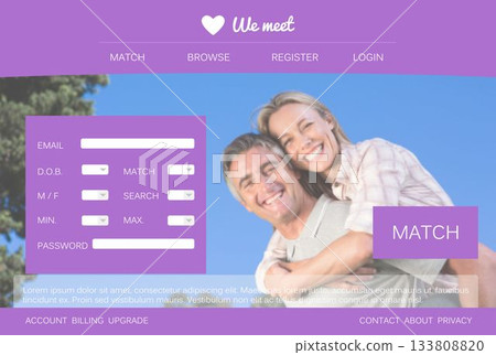 Dating site mockup is showing against sunny sky, featuring smiling couple and purple form panels Dating site mockup is showing against sunny sky, featuring smiling couple and purple form panels 133808820